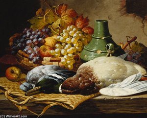 A Mallard And A Woodpigeon With A Basket Of Apples