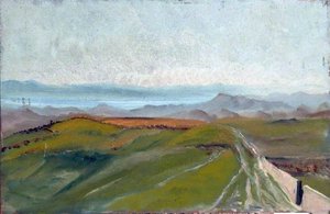 Mountainous Landscape With Walled Land And A Distant Lake Surrounded By Mountains — Caroline Emily Gray Hill