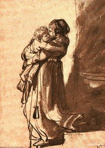 Woman Carrying A Child Downstairs, Ink And W — Rembrandt Van Rijn