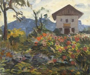 A Mass Of Flowers With A House And A Mountain Beyond — Theodor Kern