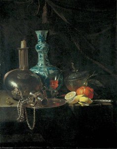Still Life With A Pilgrim Flask, Candlestick, Porcelain Vase And Fruit — Willem Kalf, Dutch Golden Age