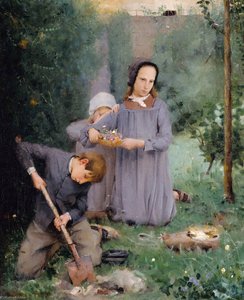 Children Burying A Bird — Julian Alden Weir