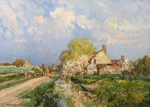 A Spring Landscape With A Village By A Canal — Alexandre Rene Veron