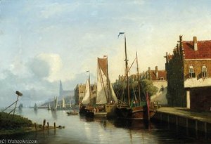 Sailingvessel Along A Quay, A Church Towering In The Distance — Nicolaas Riegen