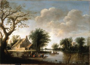 Paysage avec canal et passeur