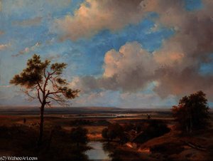 A panoramic dune landscape in the vicinity of haarlem with villagers conversing by a barn in the foreground