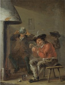 An interior with peasants smoking and drinking beside a fireplace