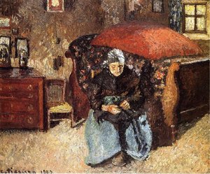 Elderly Woman Mending Old Clothes, Moret — Camille Pissarro