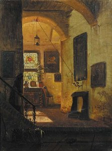 A Sunlit Interior With A Servant Coming Down The Stairs — Andreas Achenbach