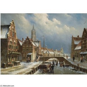 Figures On A Frozen Canal In A Dutch Town — Oene Romkes De Jongh