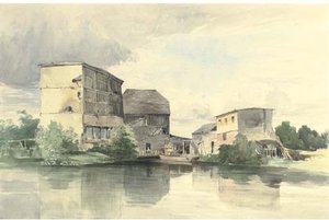 Timber Buildings On A River Bank — Edward Duncan