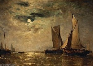 Shipping Off The Coast In The Moonlight — Paul Jean Clays