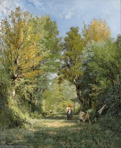 Sommerliche Waldlichtung Mit Maler Vor Seiner Staffelei — Alexandre Rene Veron