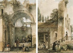 Figures At A Fountain Below The Arch Of A Roman Ruin; And A Woman At An Altar, A Monk And Two Other Women By Ruins