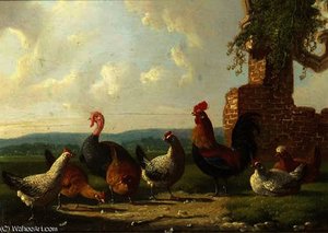 A Rooster, Chickens And A Turkey By A Ruin — Albertus Verhoesen