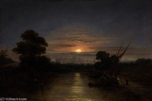 Barges On The Thames At Dusk, With Windsor Castle Beyond — Edward Charles Williams