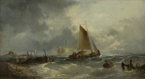 Stormy Seascape With A Sailing Boat Close To A Jetty — William Henry Williamson