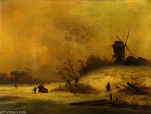 A Winterlandscape With Peasants Near A Windmill — Johannes Franciscus Hoppenbrouwers