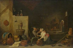 An Old Peasant Caresses A Kitchen Maid In A Stable — David Teniers Ii Le Jeune