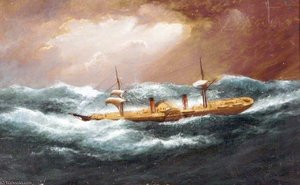 Paddle Steamer, Night Scene, Insc. Scotia