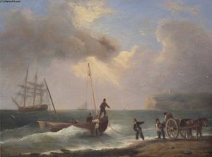 Figures On A Beach Unloading Barrels From A Small Boat — Thomas Luny