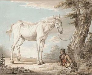 An Old Grey Horse Tethered To A Tree, A Boy Resting Nearby — Paul Sandby