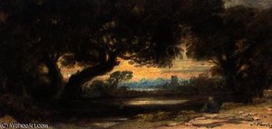 A figure beside a wooded pool with a church in the distance