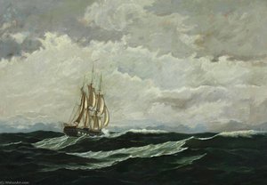 Seascape With Warship In High Seas — Jens Erik Carl Rasmussen, Romanticism