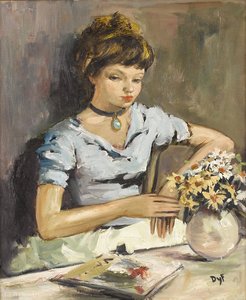 Young Girl By A Table With Flowers — Marcel Dyf
