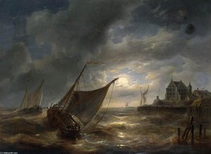 Harbour By Night — Louis Charles Verboeckhoven, Romantic Landscape