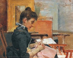 Interior With Woman Embroidering — Joaquín Agrasot Y Juan