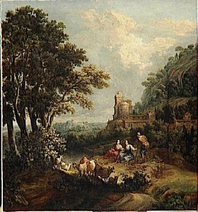 Paysage (berger et bergères. Château dans le goût romain)
