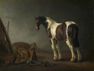 A Brown And White Skewbald Horse With A Saddle Beside It — Abraham Pietersz Van Calraet