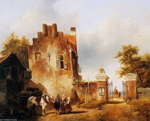 Villagers And Horse At Tollgate Sun — Charles Henri Joseph Leickert