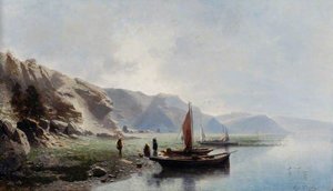 The Shore Of A Lake With Boats And Figures — Eugene Deshayes