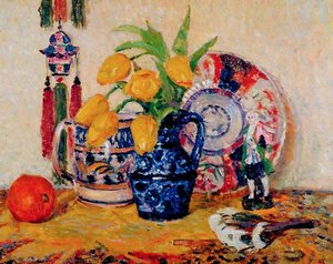 Still Life, Tulips in a Blue Jug