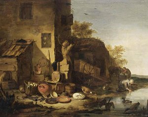 Cottage With A Still-life Of Kitchen Utensils — Egbert Lievensz Van Der Poel
