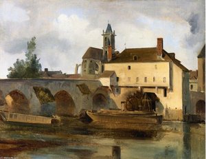 Moret Sur Loing, The Bridge And The Church — Jean-baptiste-camille Corot, Romantic Landscape Painting