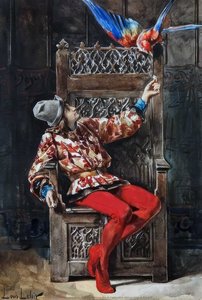 Troubadour Figure Sitting On A Cathedra Attracting A Parrot