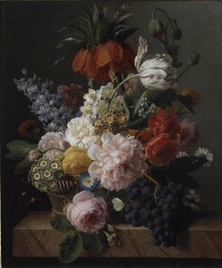 Corbeille de fleurs et grappe de raisin Fleurs et fruits