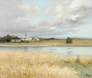 River Landscape With A Village In The Distance — Marcel Dyf