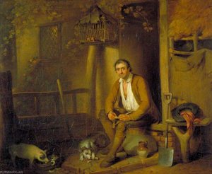 A Cottage Exterior A Seated Labourer Filling His Pipe