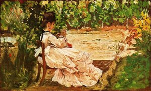 Young Lady Sewing In The Garden — Giovanni Fattori