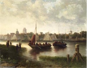 A River Landscape With Boats Coming Ashore — Salomon Leonardus Verveer