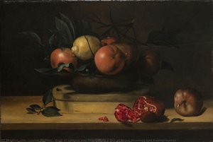 Bowl Of Lemons And Oranges On A Box Of Wood Shavings And Pomegranates — Louise Moillon