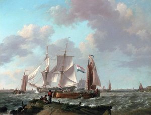 Ships In A Squall With Figures On The Shore — Johannes Hermann Barend Koekkoek