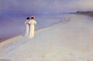Summer Evening On The Skagen Southern Beach With Anna Ancher And Marie Kroyer — Peder Severin Kroyer