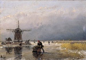 Skaters On A Frozen Waterway By A Windmill — Andreas Schelfhout