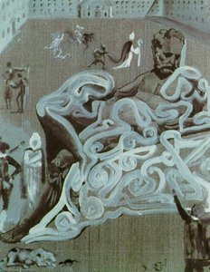 Scene In The Courtyard Of The Escorial With A Figure In The Foreground Inspired By Michelangelo's 'evening' On The Tomb Of Lorenzo Di Medici, 1982 — Salvador Dalí