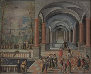 Festive Gathering And Figures From A Commedia Dell"arte In A Gallery, Monogrammist Db (schilder), 1634 — Monogrammist Jg
